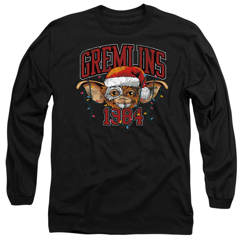AN OFFCIALLY LICENSED GREMLINS VARSITY CHRISTMAS MEN'S LONG SLEEVE T-SHIRT BLACK