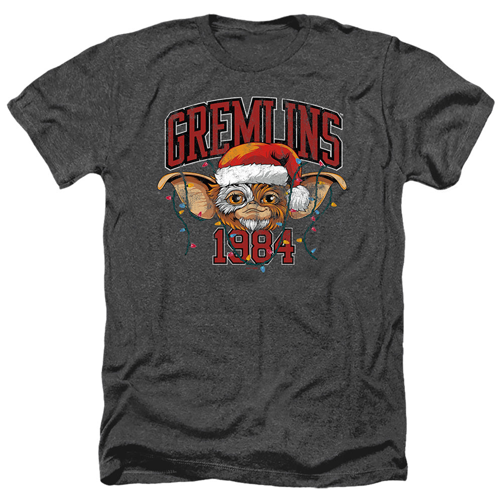 AN OFFCIALLY LICENSED GREMLINS VARSITY CHRISTMAS MEN'S HEATHER T-SHIRT CHARCOAL