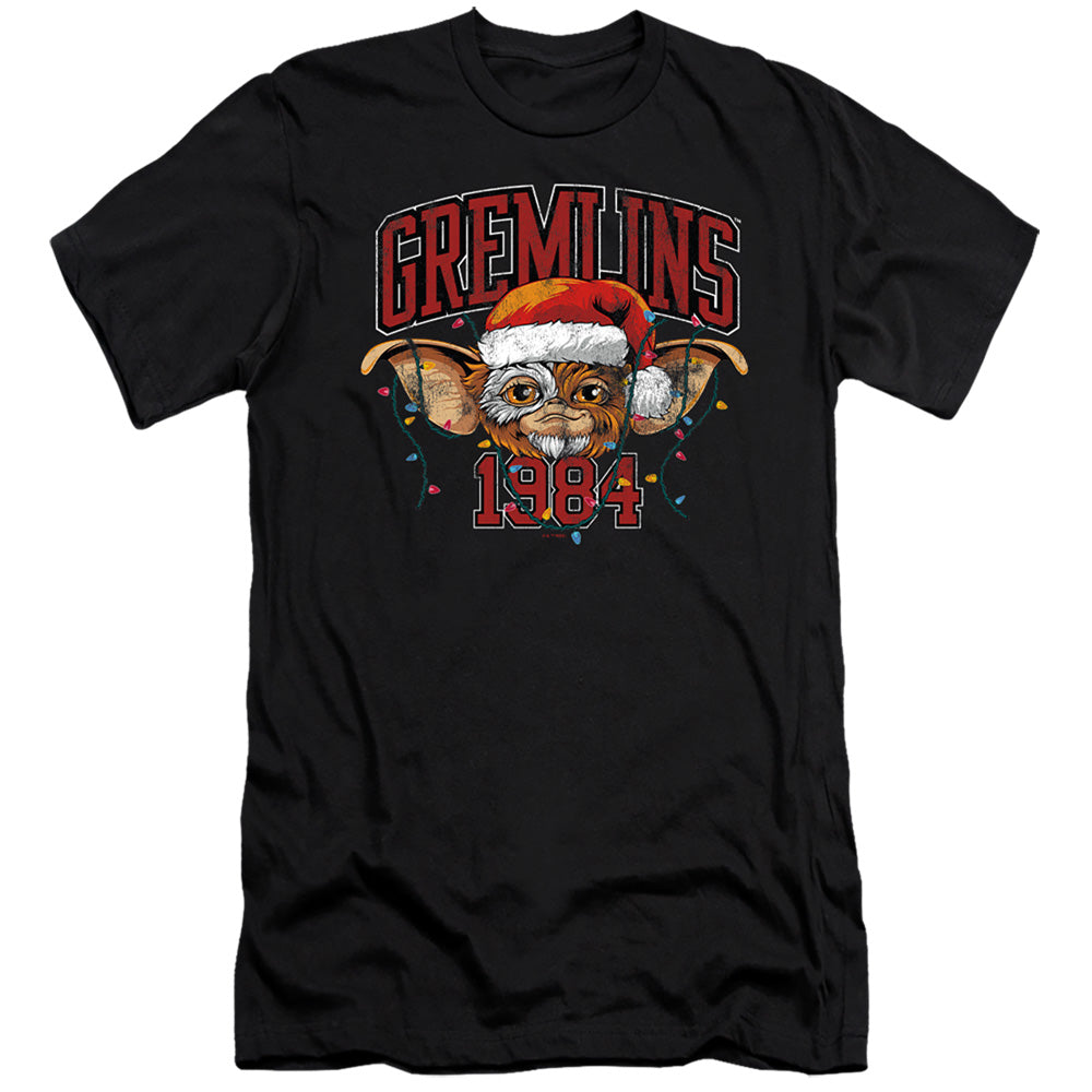AN OFFCIALLY LICENSED GREMLINS VARSITY CHRISTMAS MEN'S PREMIUM SLIM FIT T-SHIRT BLACK