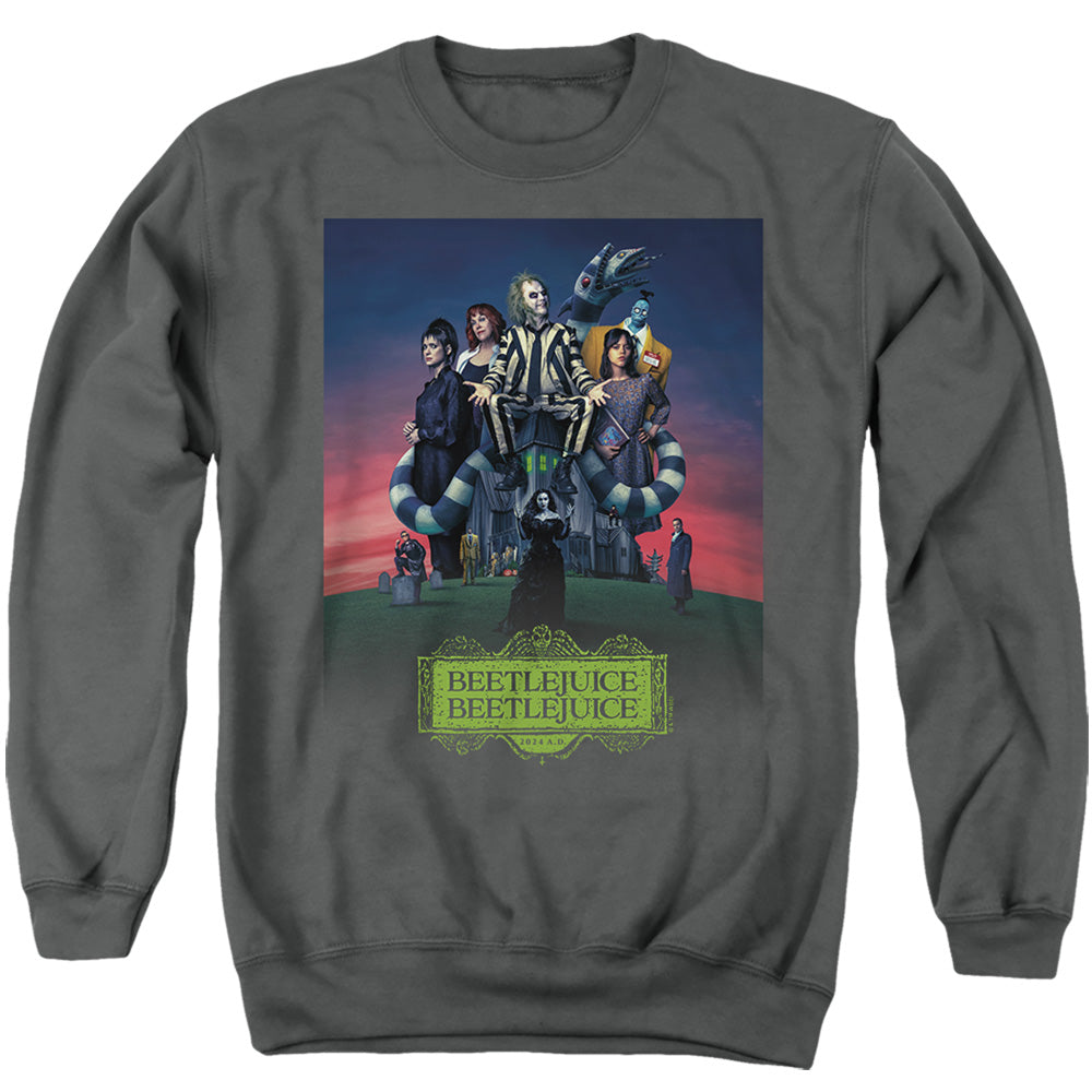 AN OFFCIALLY LICENSED BEETLEJUICE BEETLEJUICE GANGS ALL HERE BEETLEJUICE BEETLEJUICE GANGS ALL HERE ADULT UNISEX CREWNECK SWEATSHIRT CHARCOAL