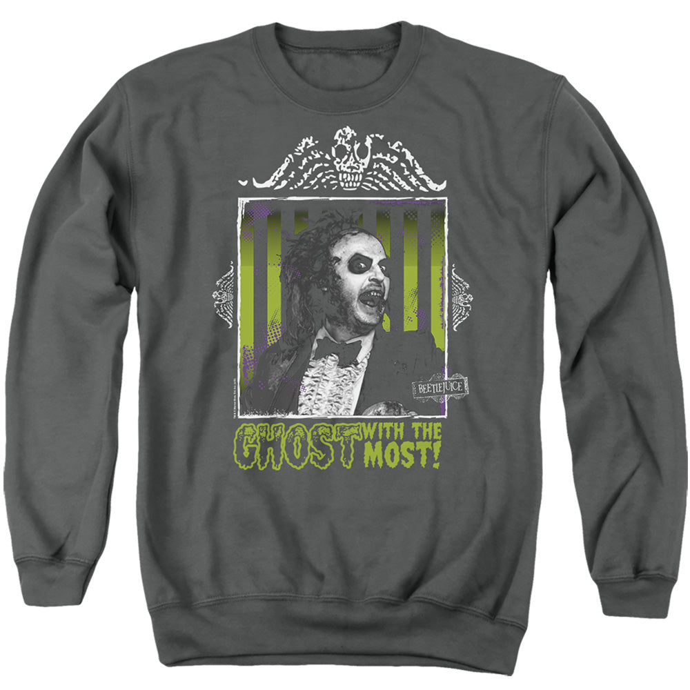 AN OFFCIALLY LICENSED BEETLEJUICE GHOST ADULT UNISEX CREWNECK SWEATSHIRT CHARCOAL