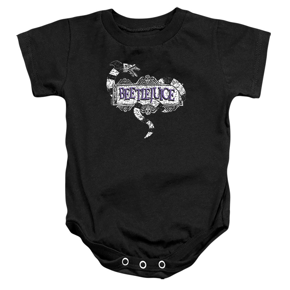 AN OFFCIALLY LICENSED BEETLEJUICE LOGO BABY BODYSUIT BLACK