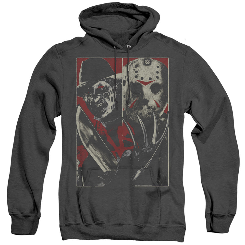 AN OFFCIALLY LICENSED FREDDY VS JASON VS ADULT UNISEX HEATHER PULLOVER HOODIE BLACK