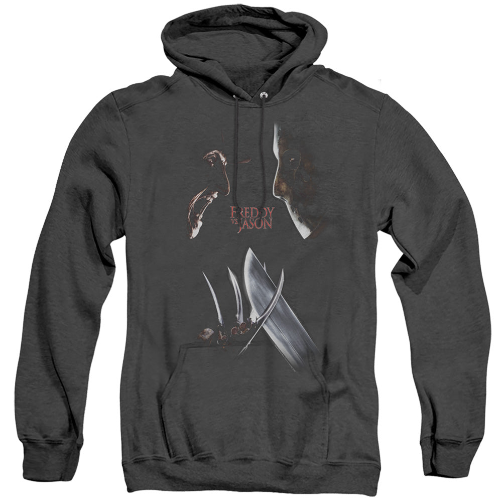 AN OFFCIALLY LICENSED FREDDY VS JASON FACE OFF ADULT UNISEX HEATHER PULLOVER HOODIE BLACK