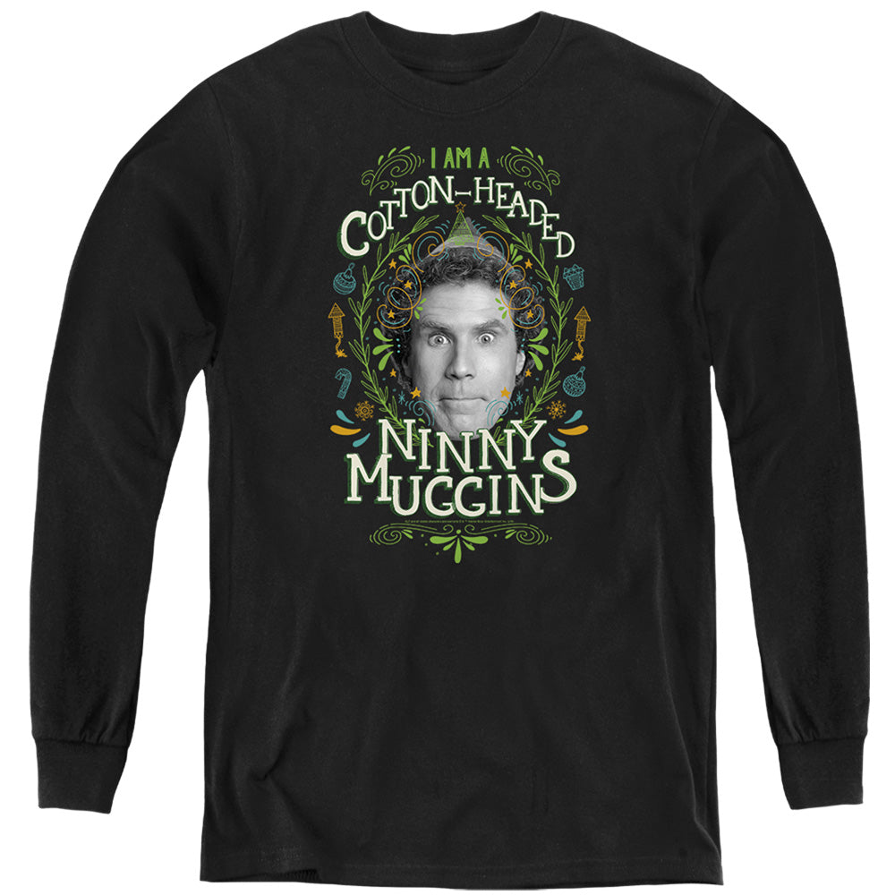 AN OFFCIALLY LICENSED ELF COTTON HEADED NINNY MUGGINS YOUTH LONG SLEEVE T-SHIRT BLACK