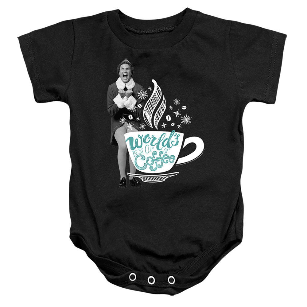 AN OFFCIALLY LICENSED ELF WORLD'S BEST CUP OF COFFEE BABY BODYSUIT BLACK
