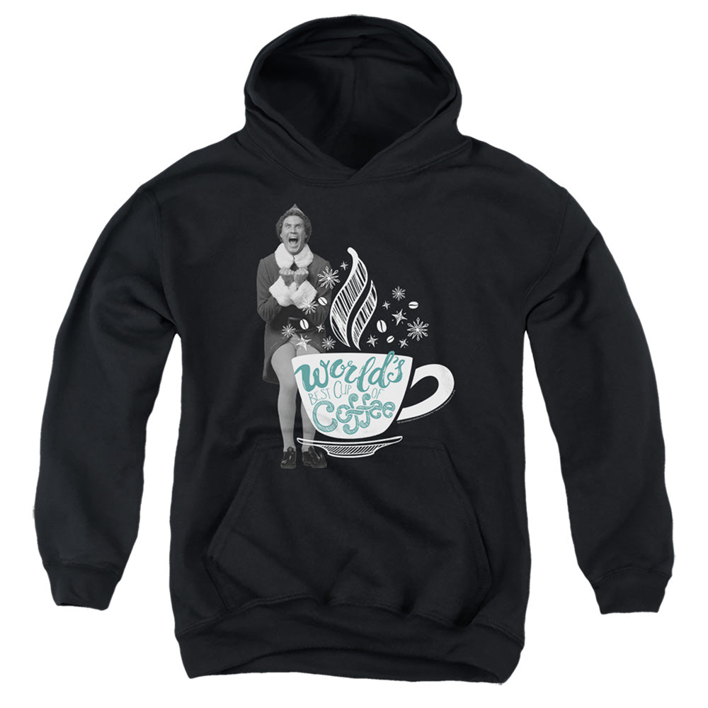 AN OFFCIALLY LICENSED ELF WORLD'S BEST CUP OF COFFEE YOUTH HOODIE BLACK