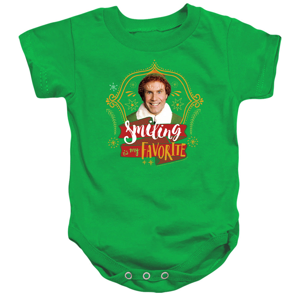 AN OFFCIALLY LICENSED ELF SMILING IS MY FAVORITE BABY BODYSUIT KELLY GREEN