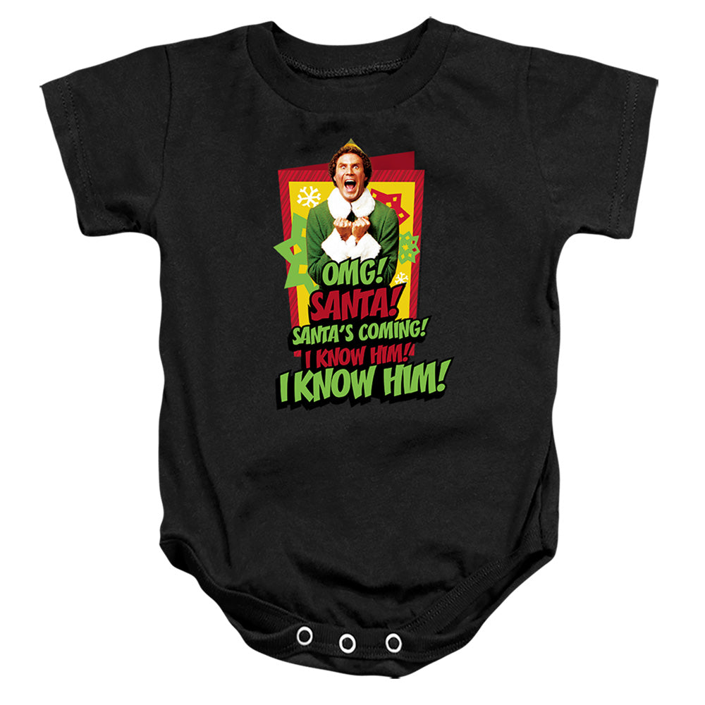 AN OFFCIALLY LICENSED ELF SANTA'S COMING! I KNOW HIM! BABY BODYSUIT BLACK