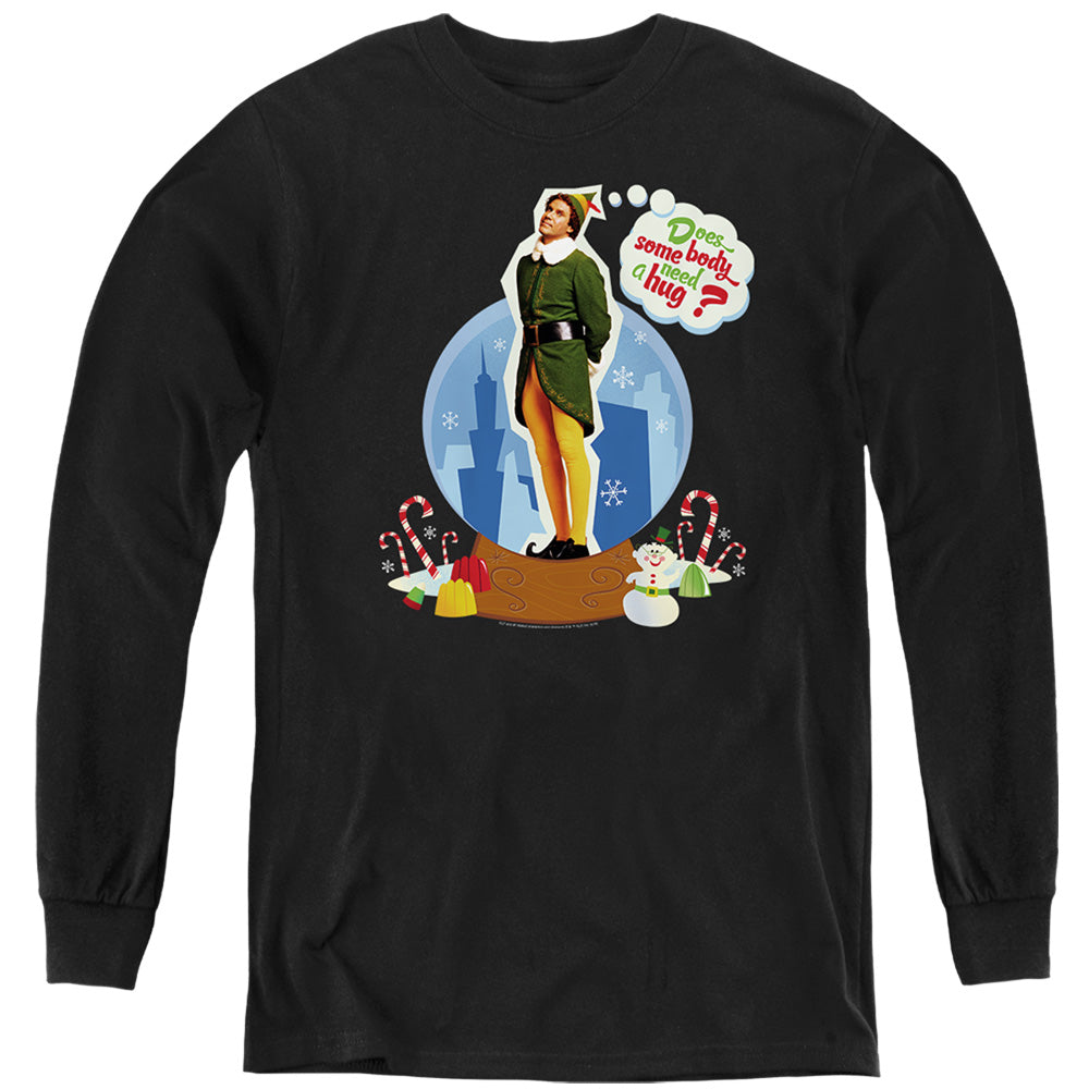 AN OFFCIALLY LICENSED ELF DOES SOMEBODY NEED A HUG? YOUTH LONG SLEEVE T-SHIRT BLACK