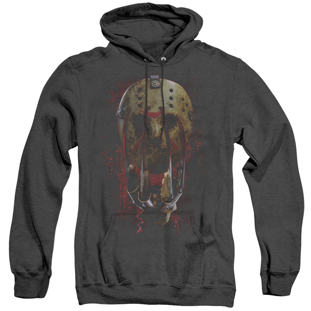 AN OFFCIALLY LICENSED FREDDY VS JASON MASK AND CLAWS ADULT UNISEX HEATHER PULLOVER HOODIE BLACK