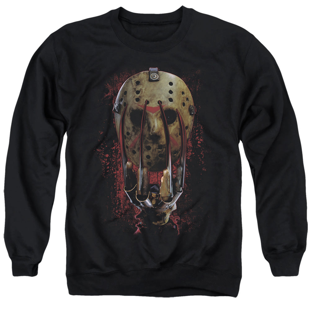 AN OFFCIALLY LICENSED FREDDY VS JASON MASK AND CLAWS ADULT UNISEX CREWNECK SWEATSHIRT BLACK