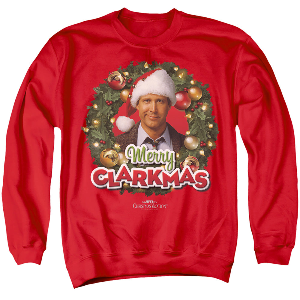 AN OFFCIALLY LICENSED CHRISTMAS VACATION MERRY CLARKMAS ADULT UNISEX CREWNECK SWEATSHIRT RED