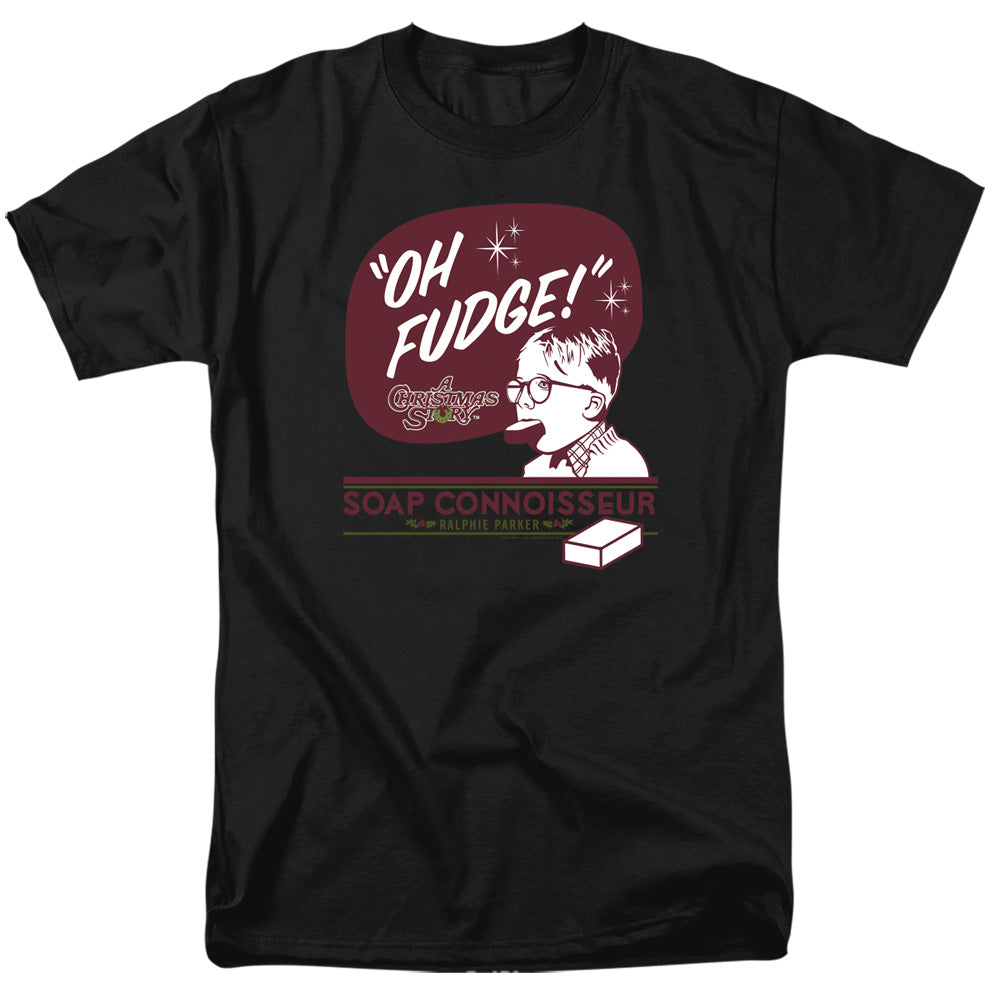 AN OFFCIALLY LICENSED A CHRISTMAS STORY OH FUDGE SOAP CONNOISSEUR MEN'S REGULAR FIT T-SHIRT BLACK
