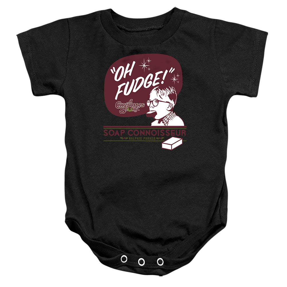 AN OFFCIALLY LICENSED A CHRISTMAS STORY OH FUDGE SOAP CONNOISSEUR BABY BODYSUIT BLACK