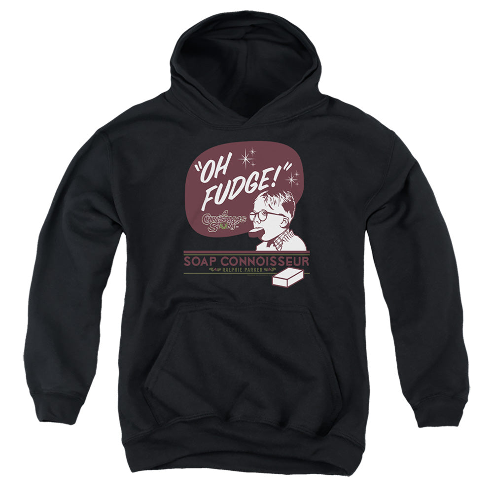 AN OFFCIALLY LICENSED A CHRISTMAS STORY OH FUDGE SOAP CONNOISSEUR YOUTH HOODIE BLACK