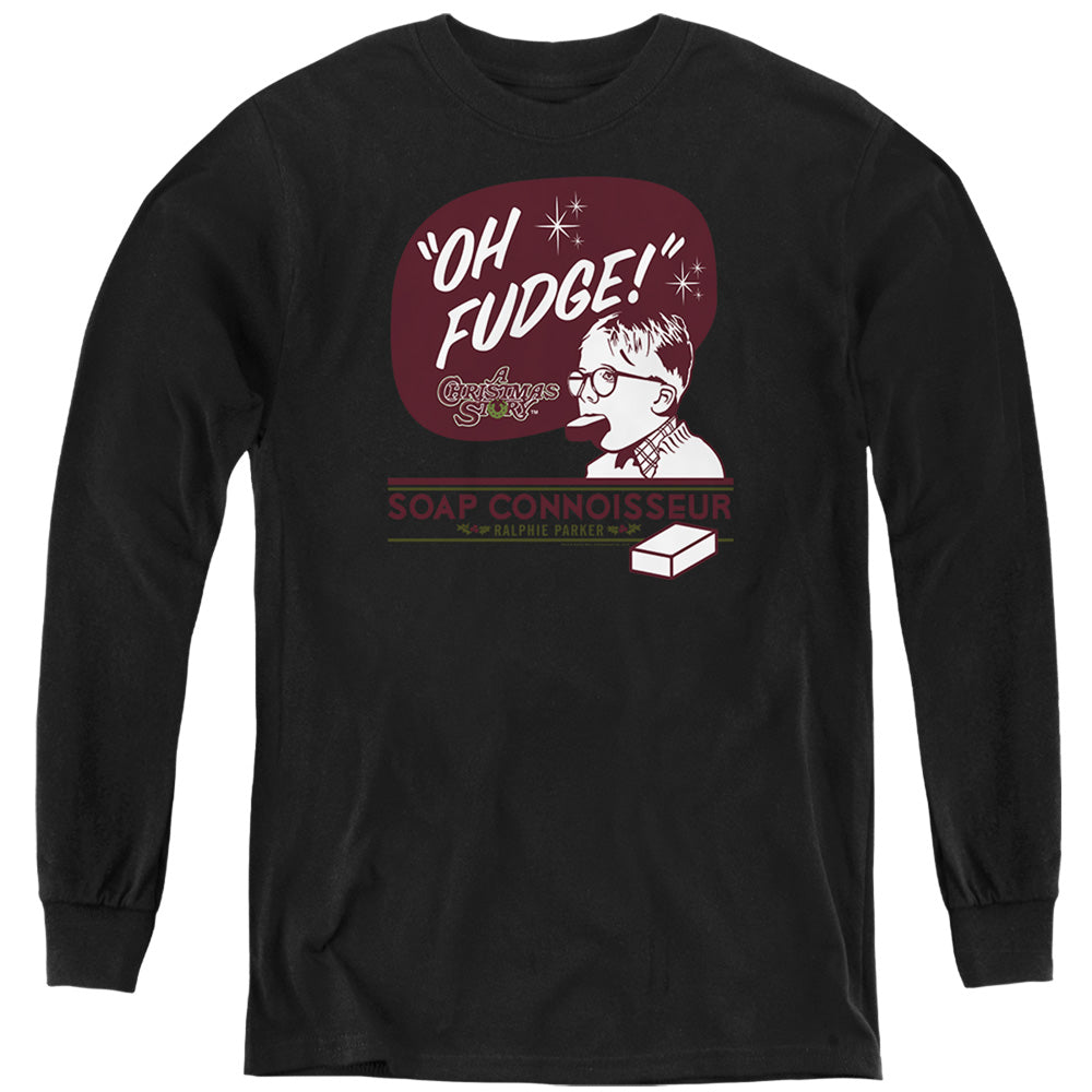 AN OFFCIALLY LICENSED A CHRISTMAS STORY OH FUDGE SOAP CONNOISSEUR YOUTH LONG SLEEVE T-SHIRT BLACK