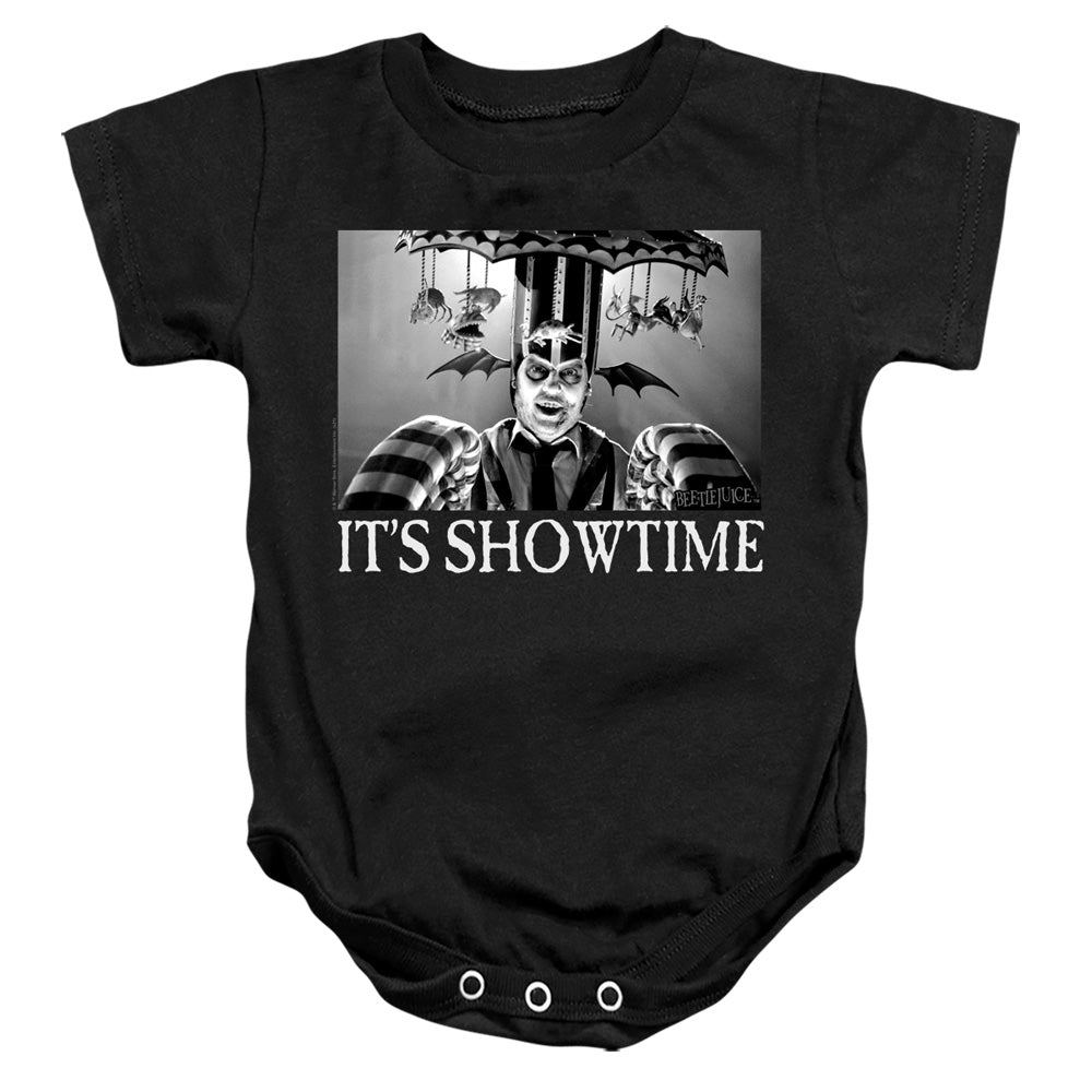 AN OFFCIALLY LICENSED BEETLEJUICE SHOWTIME BABY BODYSUIT BLACK