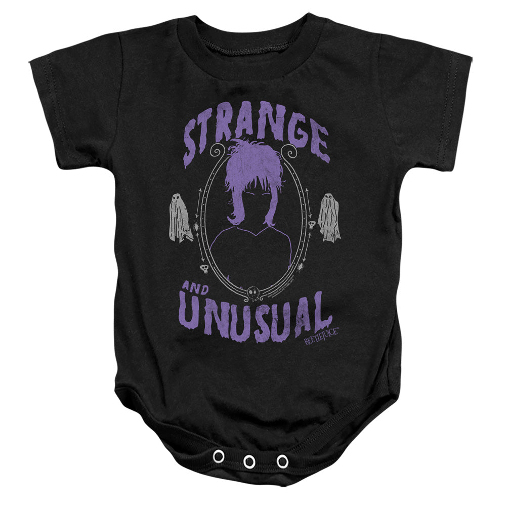 AN OFFCIALLY LICENSED BEETLEJUICE STRANGE AND UNUSUAL BABY BODYSUIT BLACK