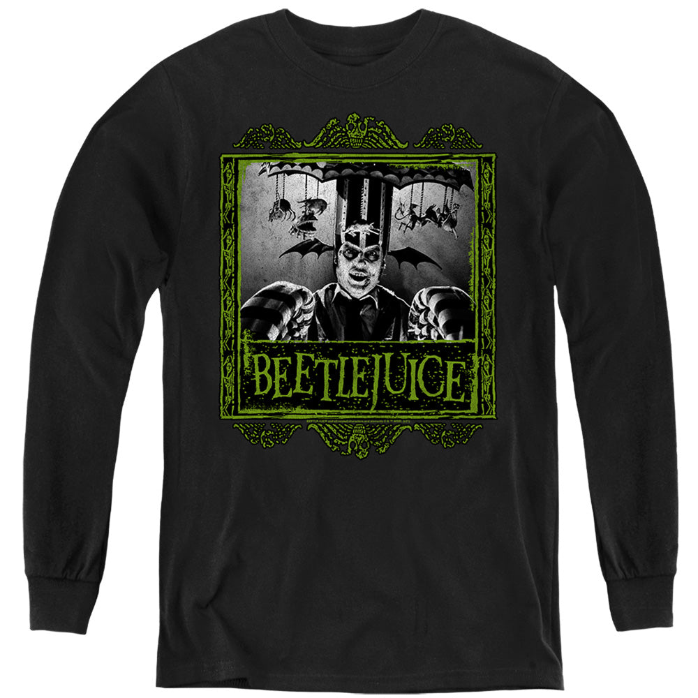 AN OFFCIALLY LICENSED BEETLEJUICE CAROUSEL BEETLEJUICE YOUTH LONG SLEEVE T-SHIRT BLACK
