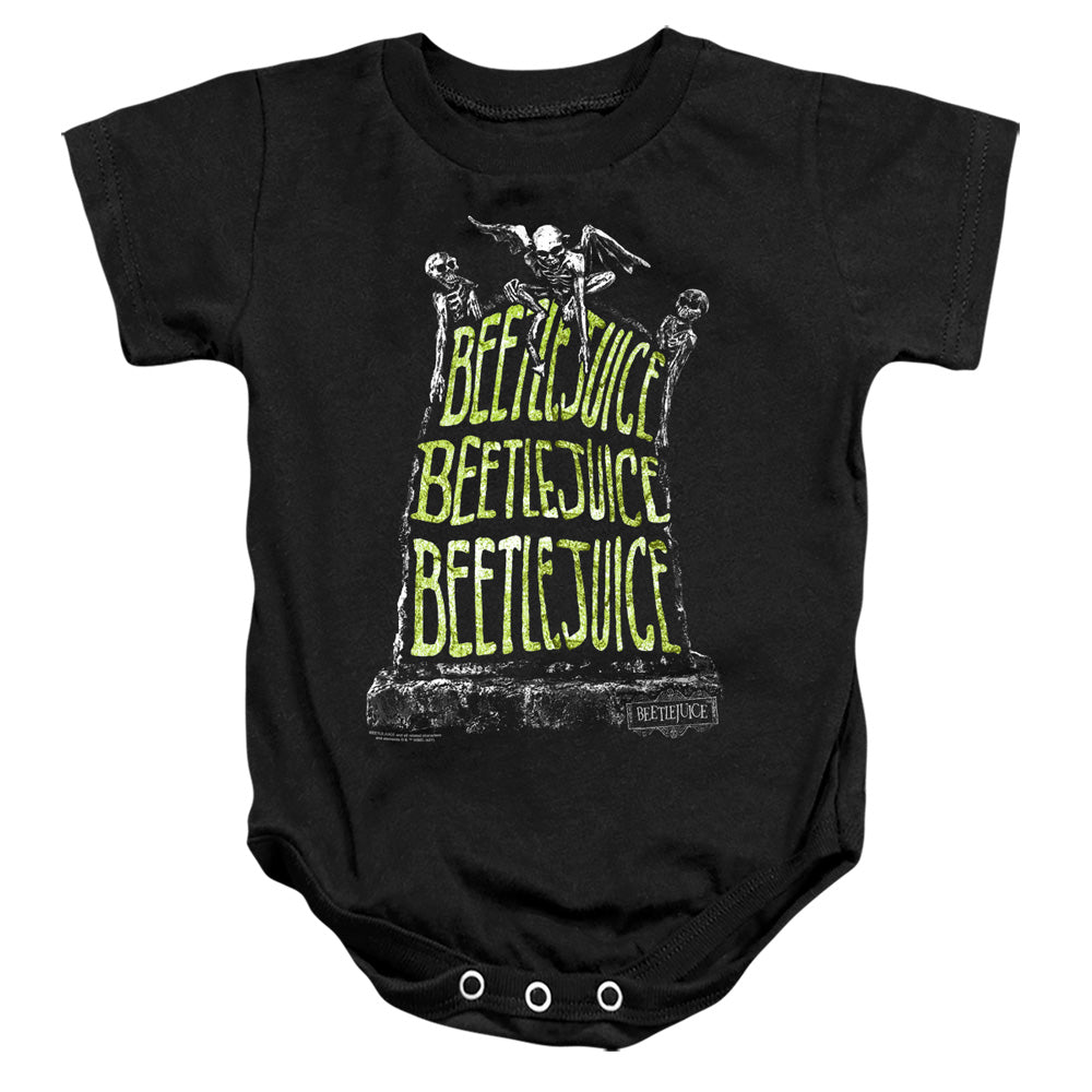AN OFFCIALLY LICENSED BEETLEJUICE HEADSTONE NAME BABY BODYSUIT BLACK