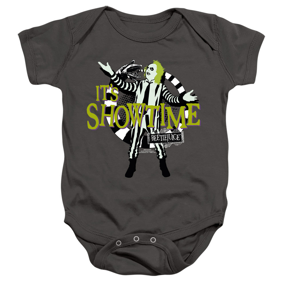 AN OFFCIALLY LICENSED BEETLEJUICE ITS SHOWTIME BABY BODYSUIT CHARCOAL