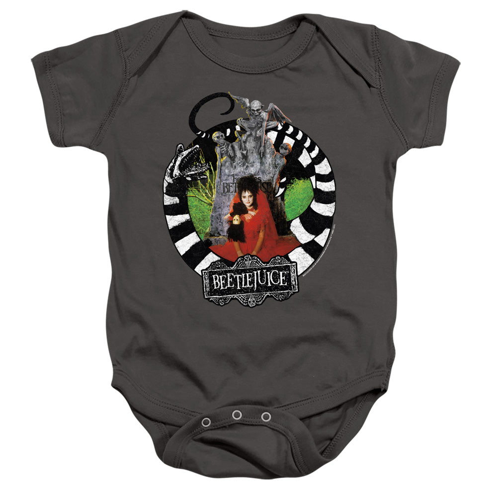 AN OFFCIALLY LICENSED BEETLEJUICE LYDIA WITH WORMS BABY BODYSUIT CHARCOAL