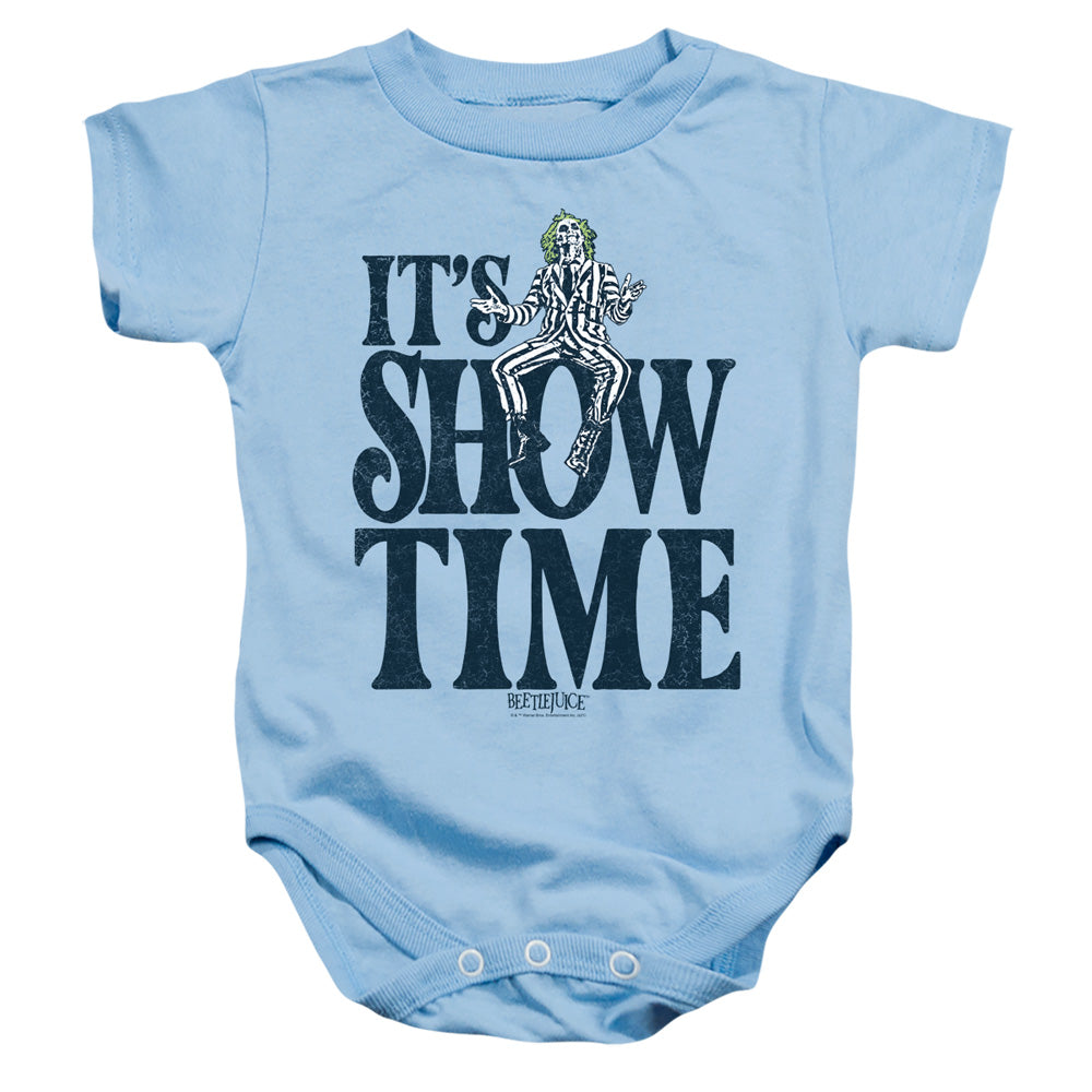 AN OFFCIALLY LICENSED BEETLEJUICE SHOWTIME BABY BODYSUIT LIGHT BLUE