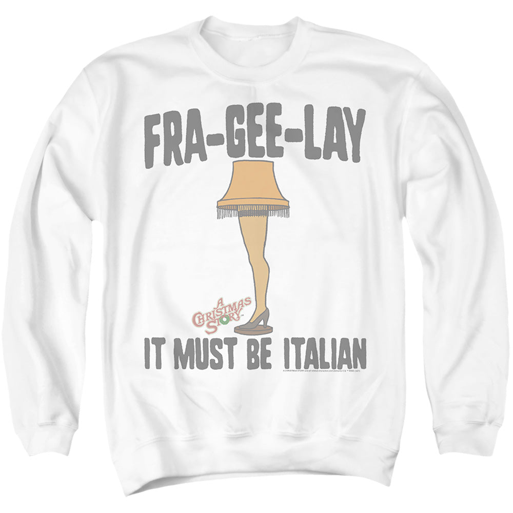 AN OFFCIALLY LICENSED A CHRISTMAS STORY FRA-GEE-LAY' FRAGILE LEG LAMP ADULT UNISEX CREWNECK SWEATSHIRT WHITE