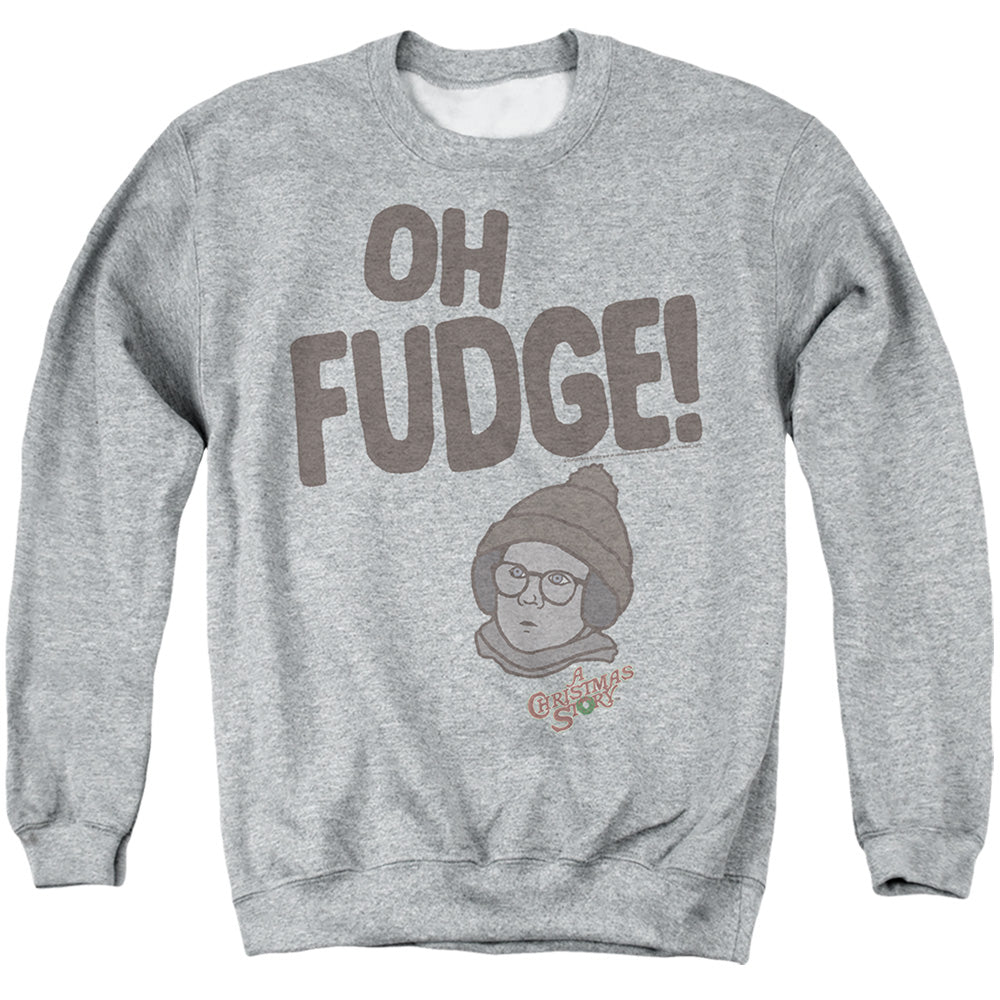 AN OFFCIALLY LICENSED A CHRISTMAS STORY RALPHIE 'OH FUDGE!' ADULT UNISEX CREWNECK SWEATSHIRT ATHLETIC HEATHER