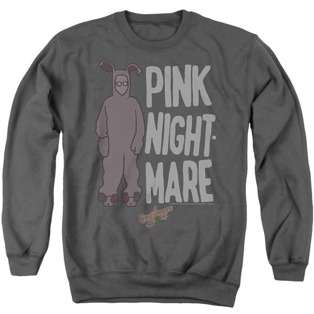 AN OFFCIALLY LICENSED A CHRISTMAS STORY RALPHIE'S PINK BUNNY SUIT ADULT UNISEX CREWNECK SWEATSHIRT CHARCOAL