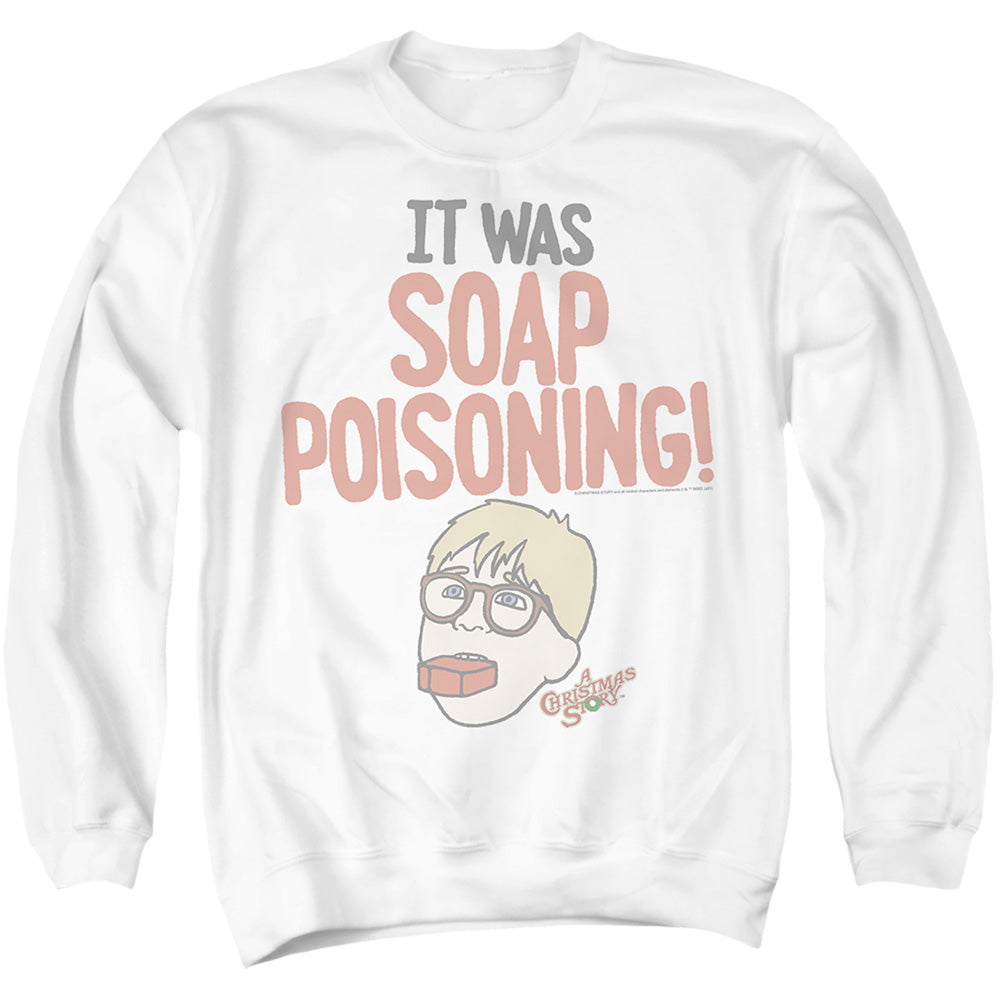 AN OFFCIALLY LICENSED A CHRISTMAS STORY RALPHIE 'IT WAS SOAP POISONING' ADULT UNISEX CREWNECK SWEATSHIRT WHITE