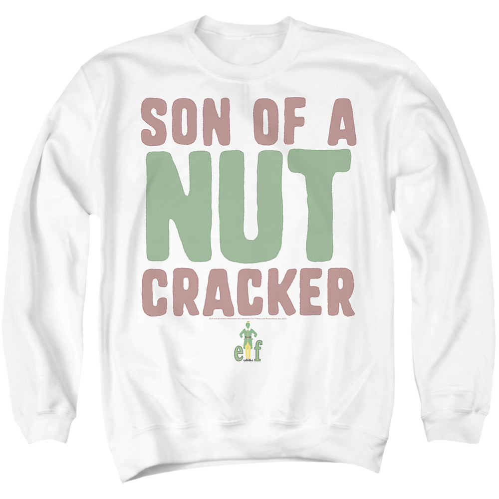 AN OFFCIALLY LICENSED ELF BUDDY THE ELF 'SON OF A NUT CRACKER' ADULT UNISEX CREWNECK SWEATSHIRT WHITE