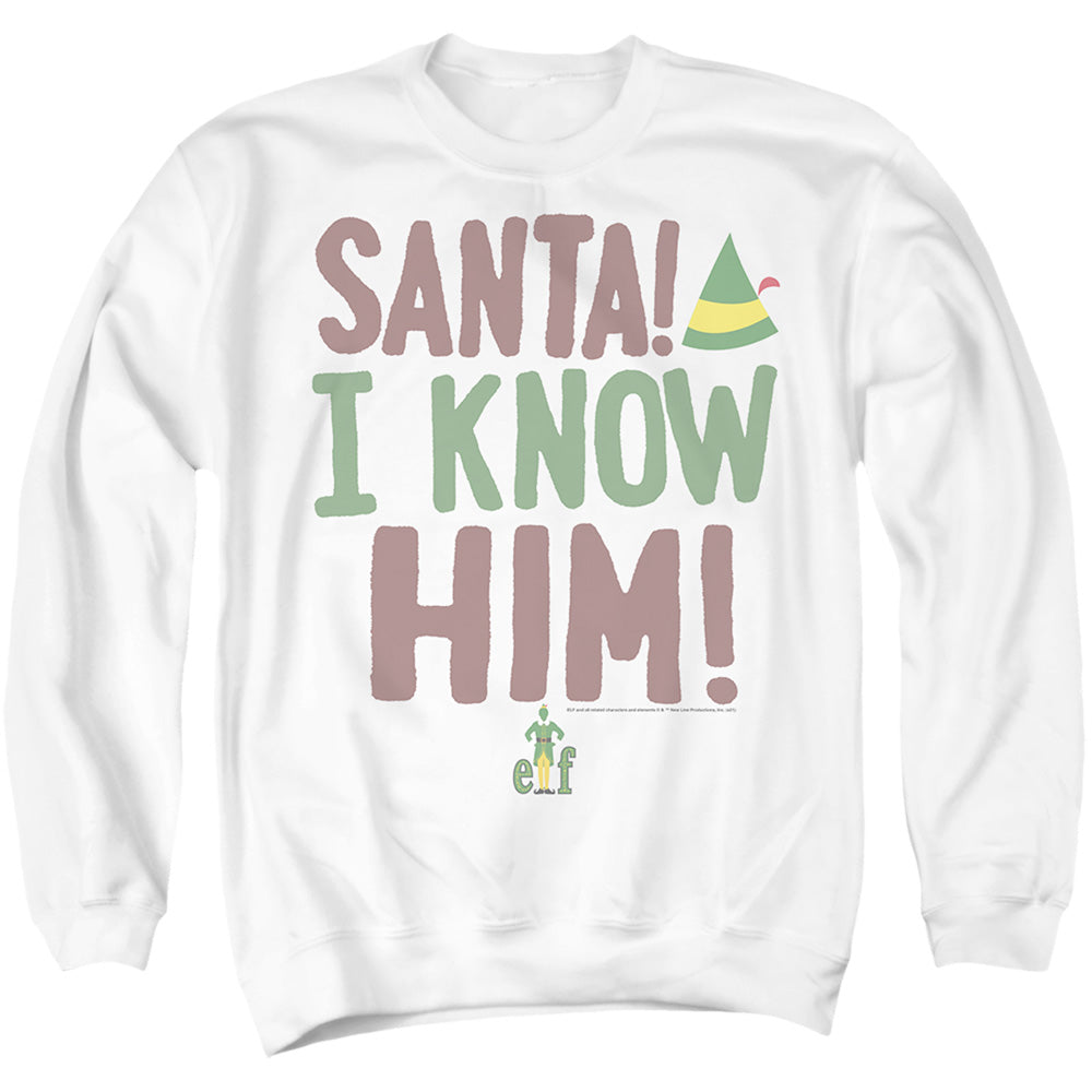 AN OFFCIALLY LICENSED ELF BUDDY THE ELF 'SANTA! I KNOW HIM' ADULT UNISEX CREWNECK SWEATSHIRT WHITE