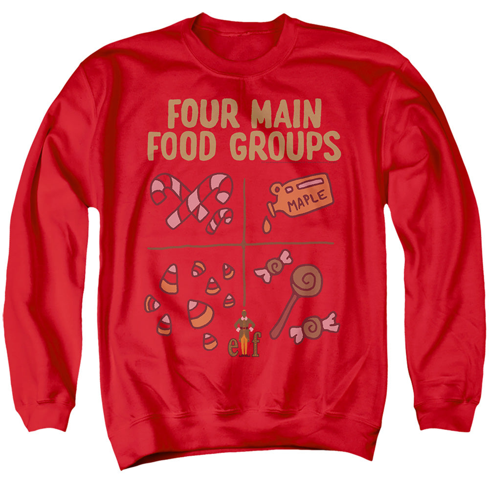 AN OFFCIALLY LICENSED ELF BUDDY THE ELF FOUR FOOD GROUPS ADULT UNISEX CREWNECK SWEATSHIRT RED