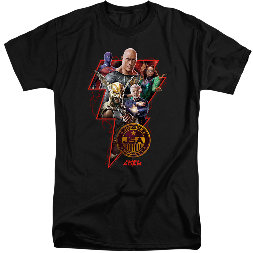 AN OFFCIALLY LICENSED BLACK ADAM BLACK ADAM CHARACTER BOLT MEN'S TALL FIT T-SHIRT BLACK