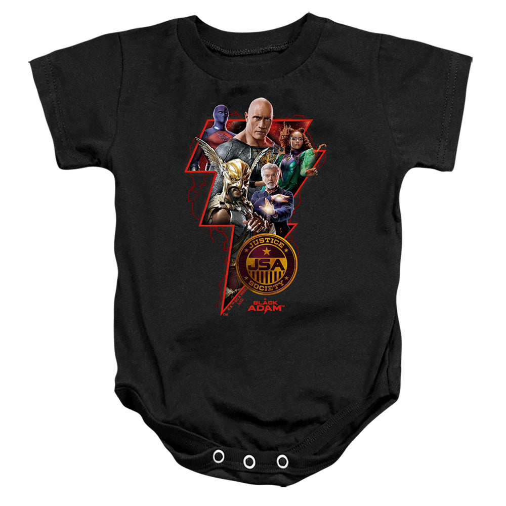 AN OFFCIALLY LICENSED BLACK ADAM BLACK ADAM CHARACTER BOLT BABY BODYSUIT BLACK