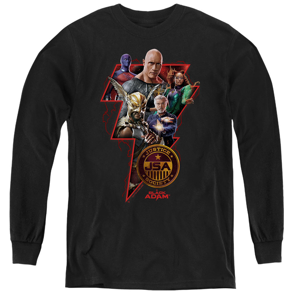 AN OFFCIALLY LICENSED BLACK ADAM BLACK ADAM CHARACTER BOLT YOUTH LONG SLEEVE T-SHIRT BLACK