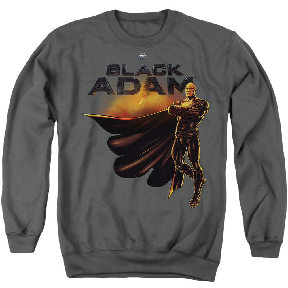 AN OFFCIALLY LICENSED BLACK ADAM BLACK ADAM LOGO WITH CHARACTER ADULT UNISEX CREWNECK SWEATSHIRT CHARCOAL