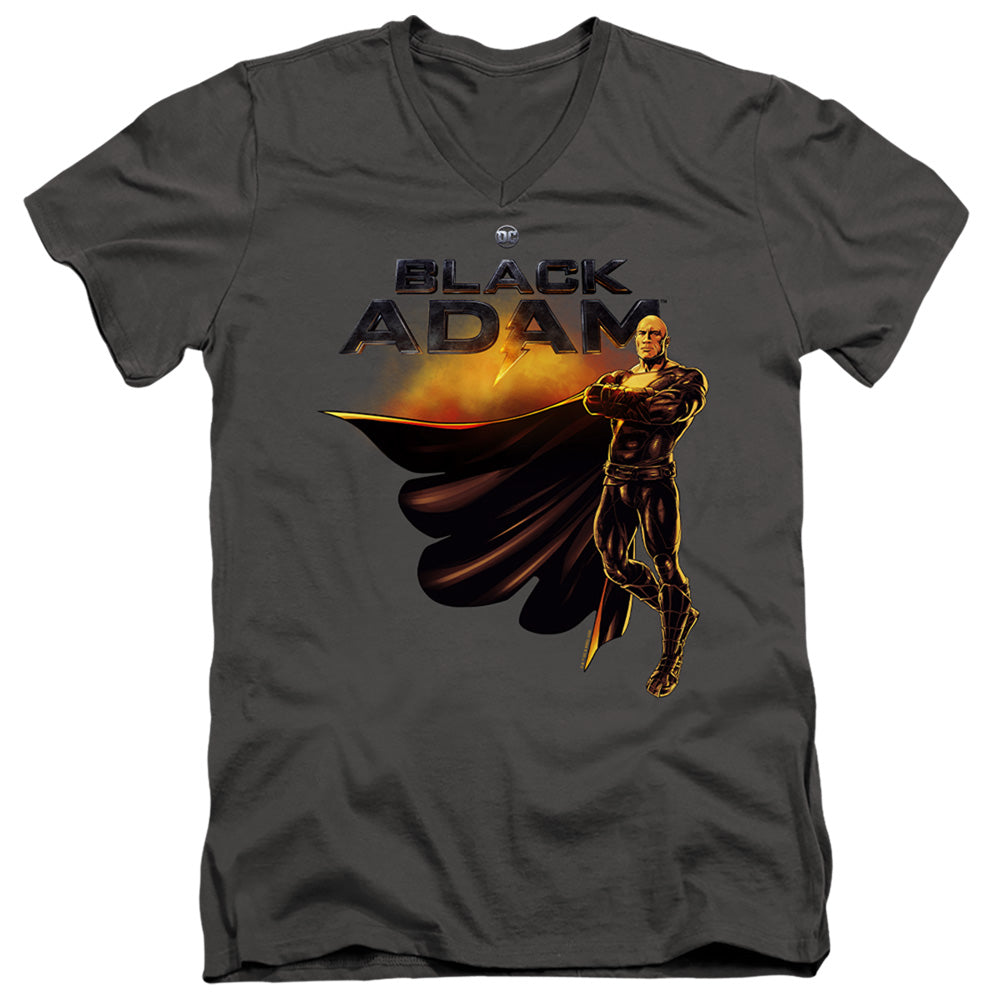 AN OFFCIALLY LICENSED BLACK ADAM BLACK ADAM LOGO WITH CHARACTER MEN'S V-NECK T-SHIRT CHARCOAL