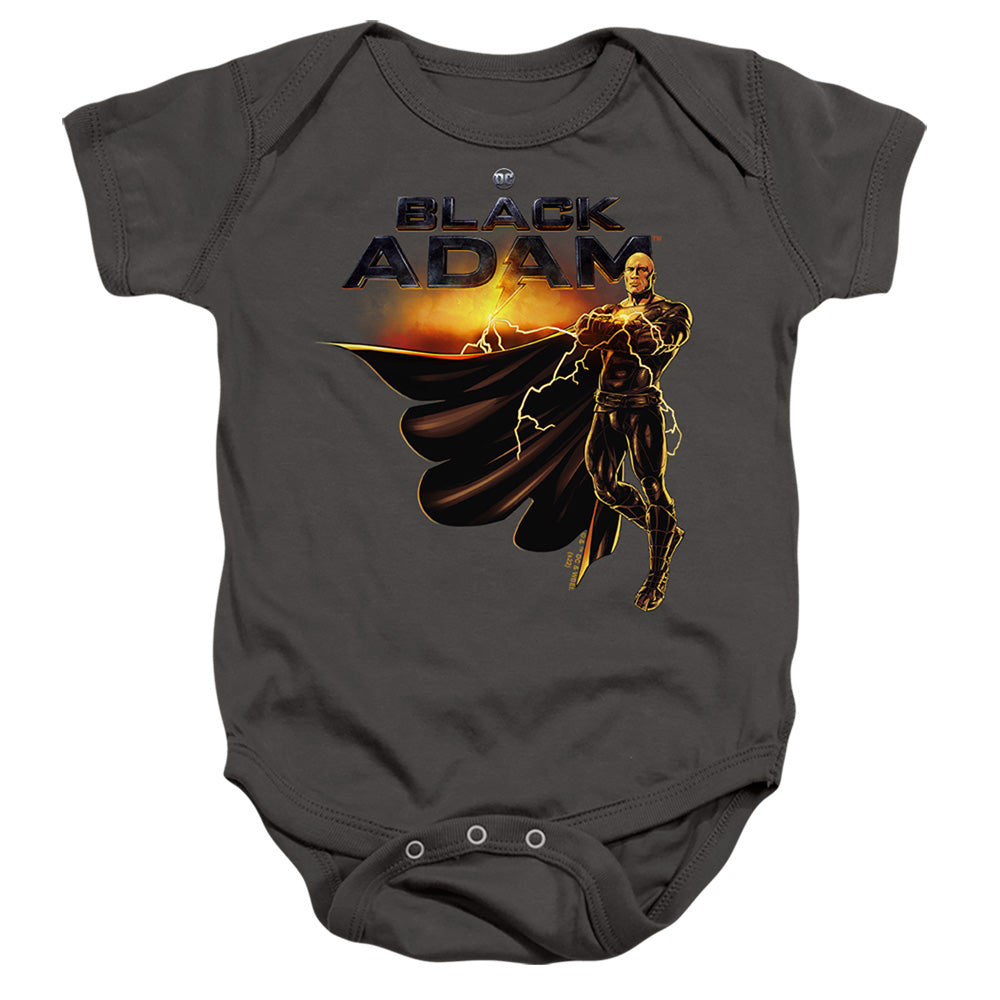AN OFFCIALLY LICENSED BLACK ADAM BLACK ADAM LOGO WITH CHARACTER BABY BODYSUIT CHARCOAL