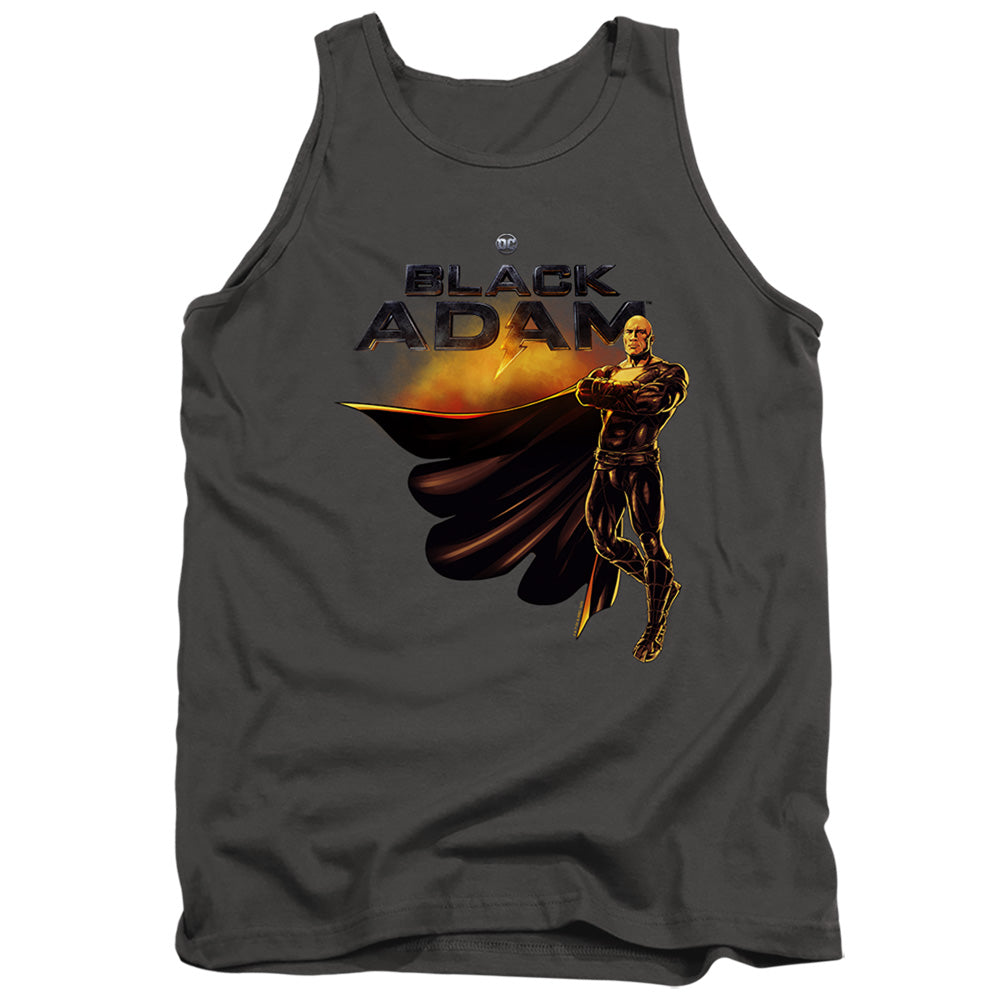 AN OFFCIALLY LICENSED BLACK ADAM BLACK ADAM LOGO WITH CHARACTER ADULT UNISEX TANK TOP CHARCOAL
