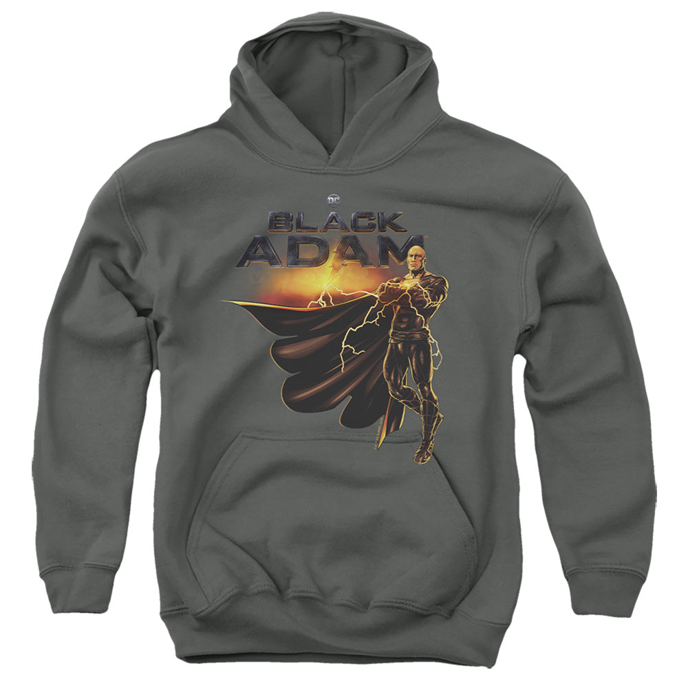 AN OFFCIALLY LICENSED BLACK ADAM BLACK ADAM LOGO WITH CHARACTER YOUTH HOODIE CHARCOAL
