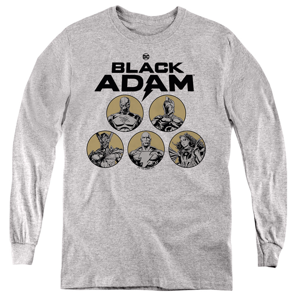 AN OFFCIALLY LICENSED BLACK ADAM BLACK ADAM CONTRAST GROUP YOUTH LONG SLEEVE T-SHIRT ATHLETIC HEATHER