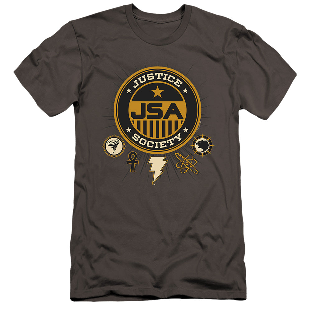 AN OFFCIALLY LICENSED BLACK ADAM BLACK ADAM JUSTICE SOCIETY MEN'S PREMIUM SLIM FIT T-SHIRT CHARCOAL