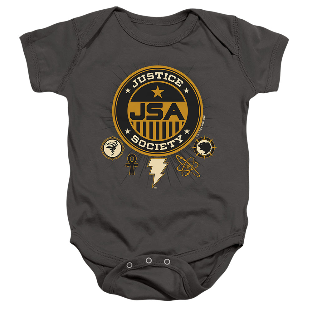 AN OFFCIALLY LICENSED BLACK ADAM BLACK ADAM JUSTICE SOCIETY BABY BODYSUIT CHARCOAL