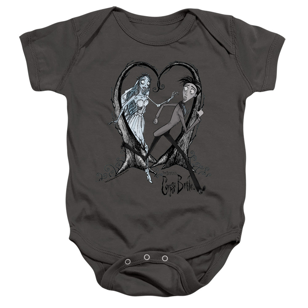 AN OFFCIALLY LICENSED CORPSE BRIDE RUNAWAY GROOM BABY BODYSUIT CHARCOAL
