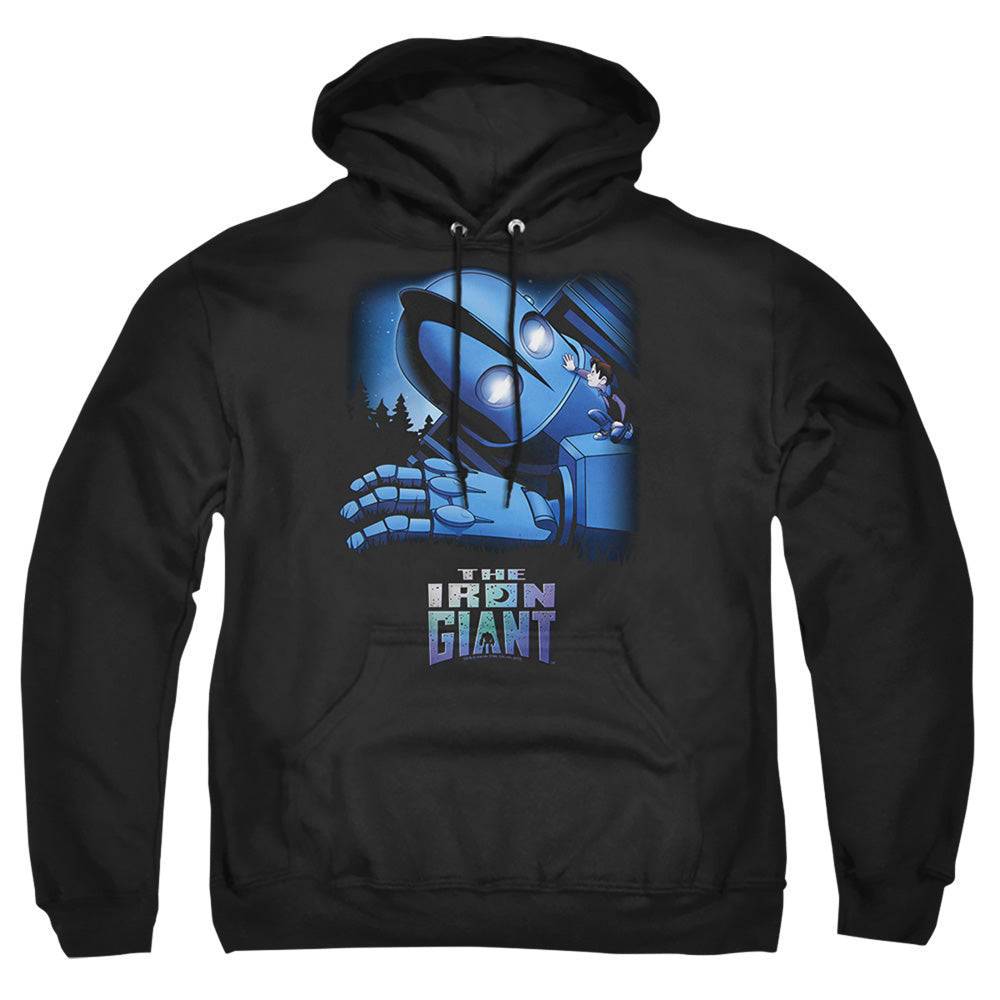 AN OFFCIALLY LICENSED IRON GIANT GIANT AND HOGARTH ADULT UNISEX PULLOVER HOODIE BLACK