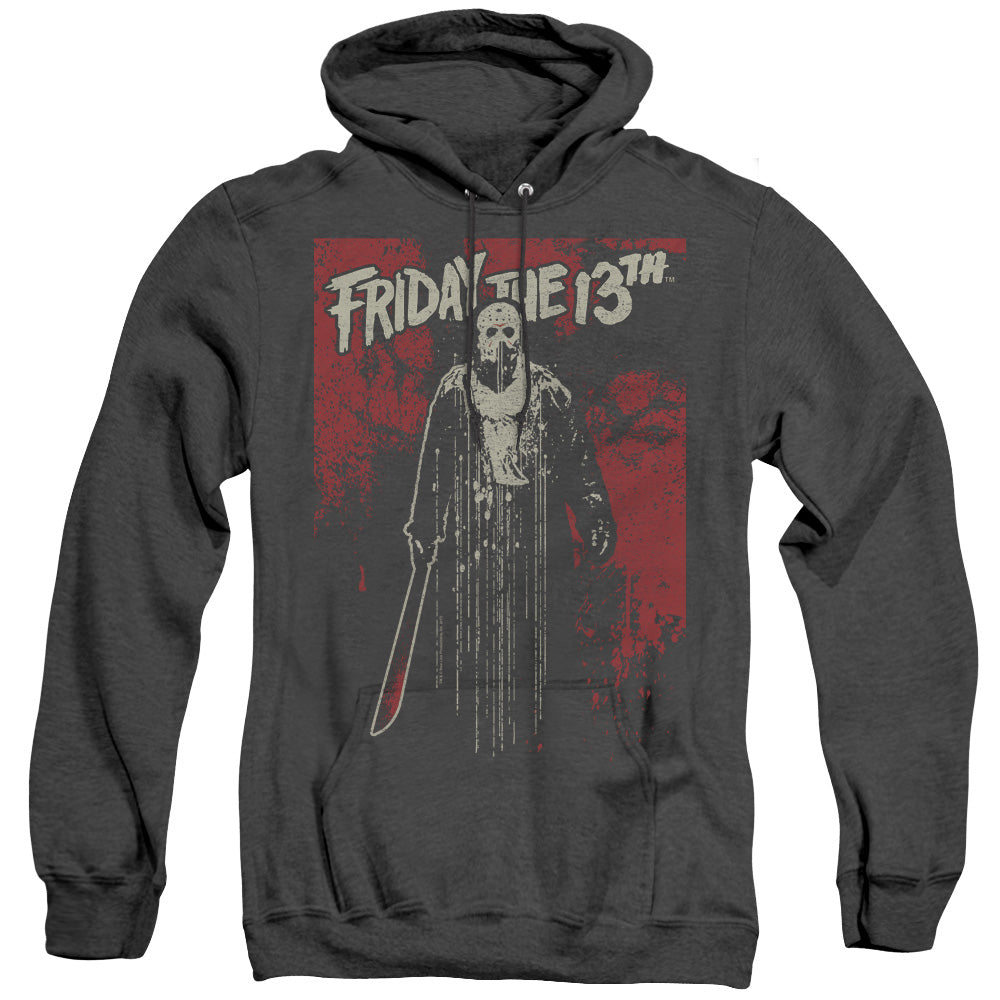 AN OFFCIALLY LICENSED FRIDAY THE 13TH DRIP ADULT UNISEX HEATHER PULLOVER HOODIE BLACK