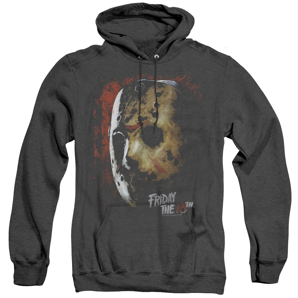 AN OFFCIALLY LICENSED FRIDAY THE 13TH MASK OF DEATH ADULT UNISEX HEATHER PULLOVER HOODIE BLACK